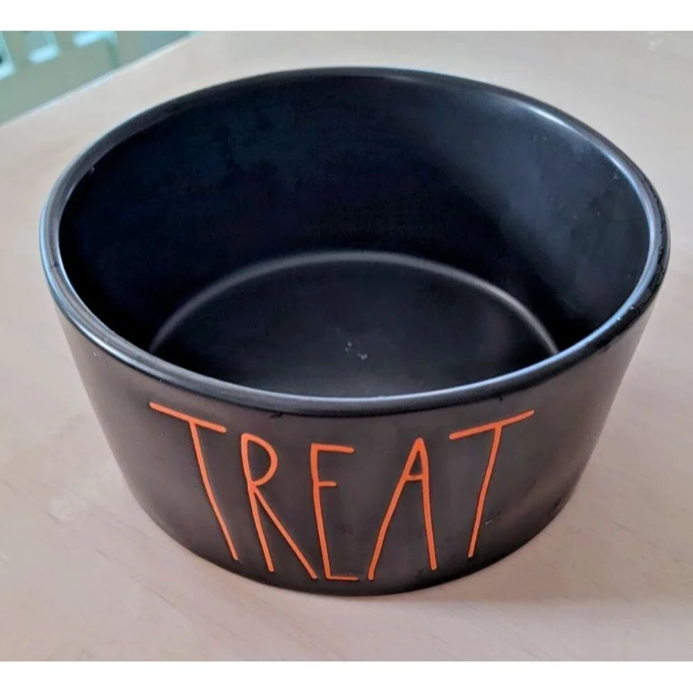 Rae Dunn TREAT Halloween Black Orange Pet Dog Food/ Water 6x3